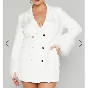ShowPo Rhaiza White Glam Blazer Mini Dress Gold Buttons Long sleeves feathers
